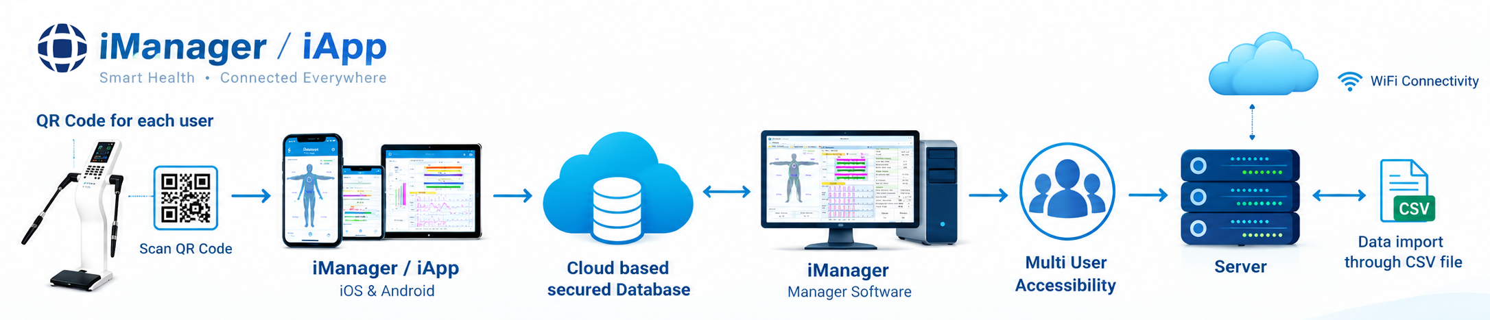 iManager / iApp: analyzer to mobile app to cloud database to iManager software, with multi-user access, server and CSV import